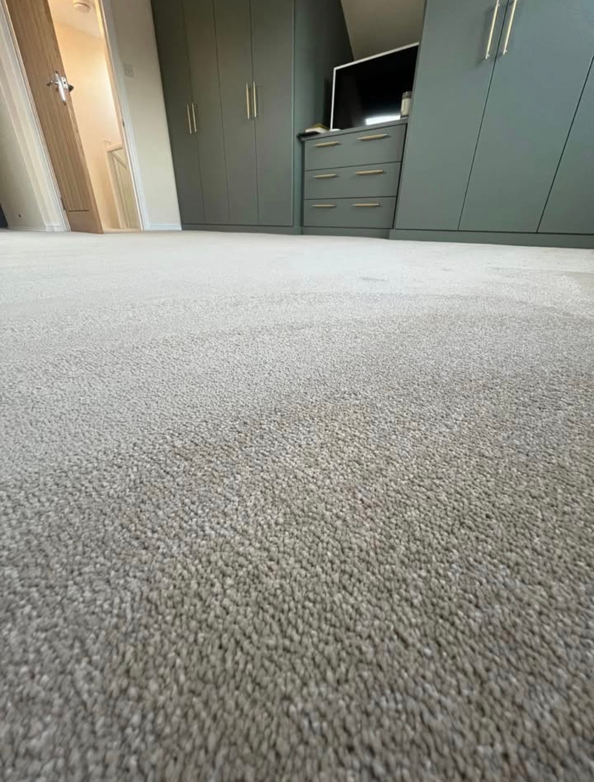 Bedroom with grey carpet and green fitted wardrobes