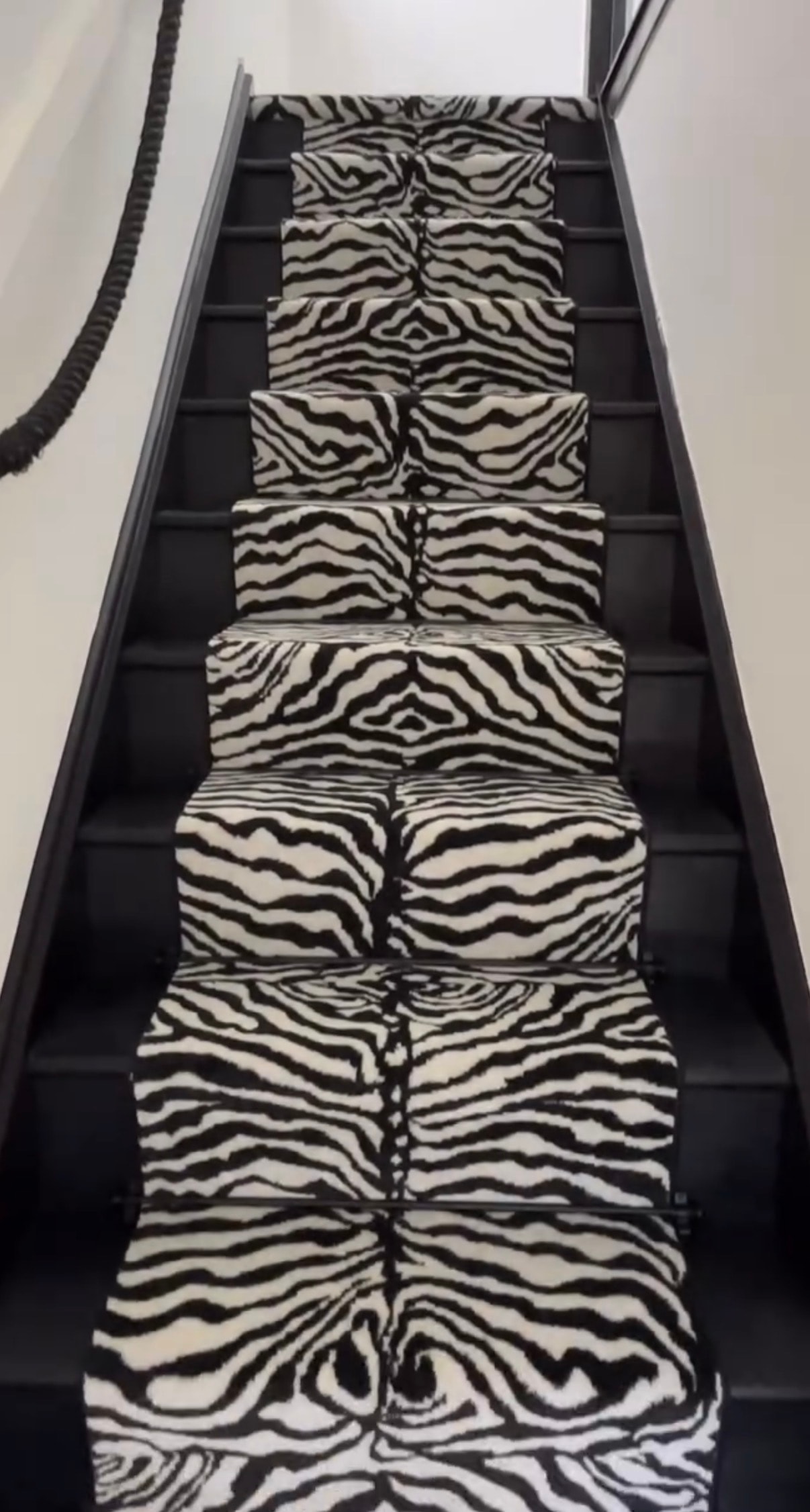 Staircase with bold zebra-print carpet runner